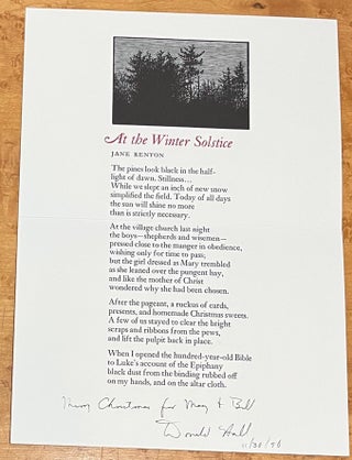HOLIDAY CARD]: "At the Winter Solstice". Jane Kenyon, signed Donald Hall.