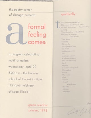 Item #14590 The Poetry Center of Chicago Presents A Formal Feeling Comes; A Program Celebrating...