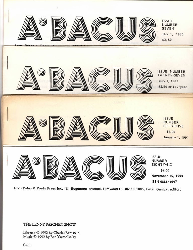 Item #15133 ABACUS; Issues 7, 27 (2cps), 55 & 86. Peter Ganick, Steve McCaffery Charles Bernstein.