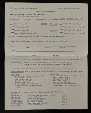 Item #15585 BERKELEY POETRY CONFERENCE (Application for Enrollment). Gary Snyder, Charles Olson,...