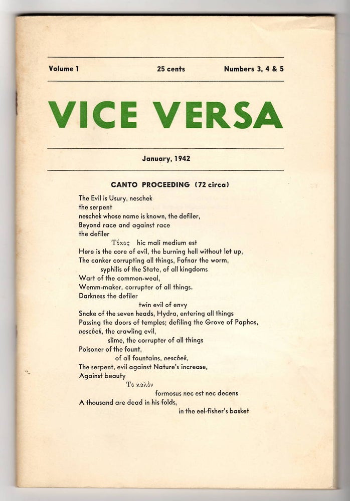 Item #15912 VICE VERSA, Vol. 1, No. 3, 4, 5, January 1942. Harry Brown, Dunstan Thompson, Weldon Kees Ezra Pound.