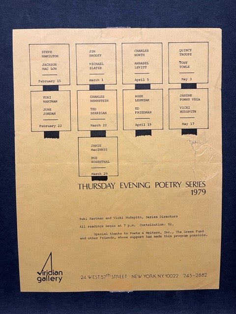 Item #15920 THURSDAY EVENING POETRY SERIES, 1979. Jackson Mac Low, Quincy Troupe, Ted Berrigan, Charles Bernstein.