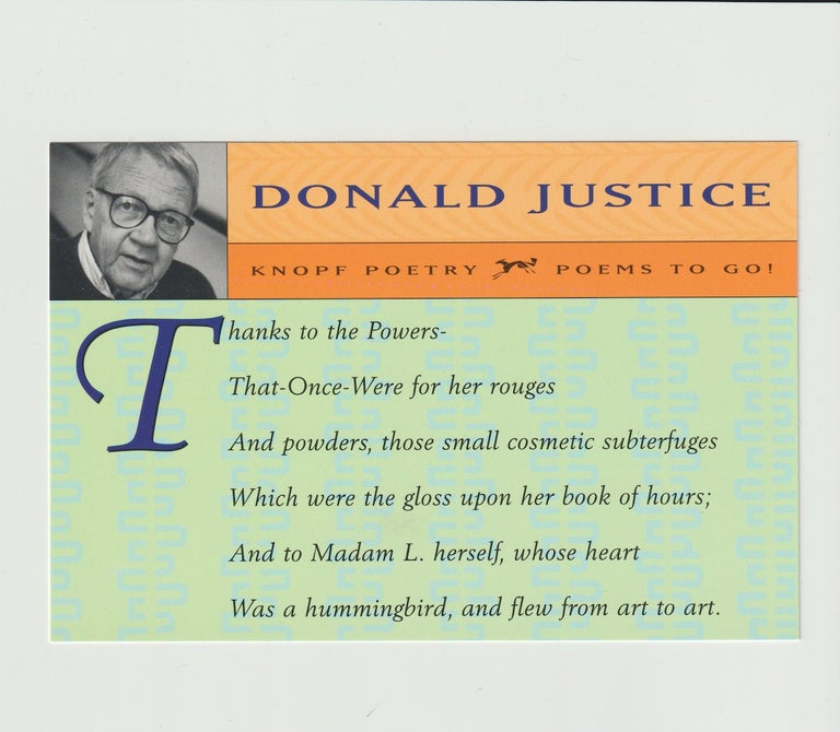 Item #16069 [Postcard]: “Thanks to the Powers-…”. Donald Justice.