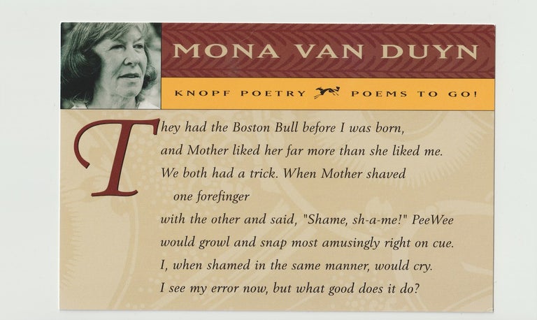 Item #16071 [Postcard]: “They had the Boston Bull before I was born…”. Mona Van Duyn.