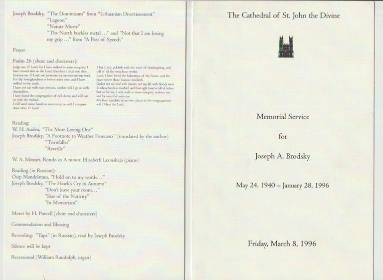 Item #16231 Memorial Service for Joseph A. Brodsky; May 24, 1940 - January 28, 1996. Joseph Brodsky.
