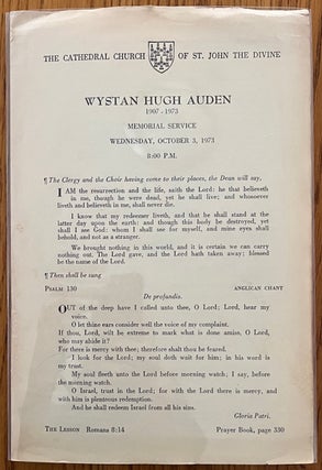 Item #16240 Wystan Hugh Auden 1907 - 1973 Memorial Service; Wednesday, October 3, 1973. W. H. Auden