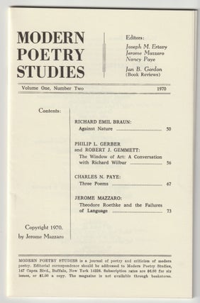 Item #16330 MODERN POETRY STUDIES, Vol. 1, No. 2, 1970. Joseph M. Ertavy, Jerome Mazzaro, Richard...
