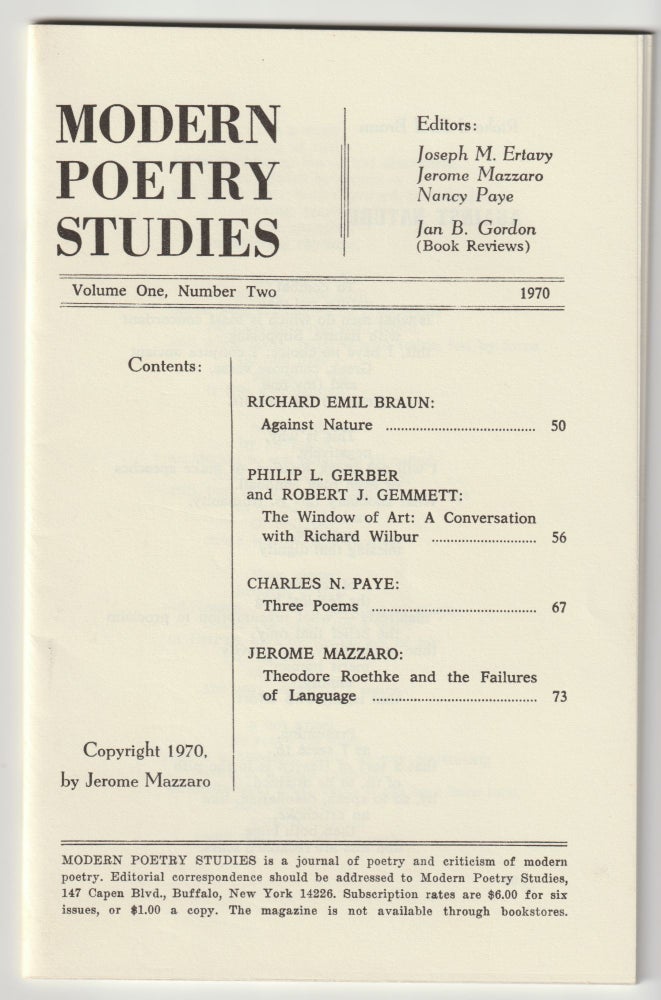 Item #16330 MODERN POETRY STUDIES, Vol. 1, No. 2, 1970. Joseph M. Ertavy, Jerome Mazzaro, Richard Emil Braun, Theodore Roethke Richard Wilbur.